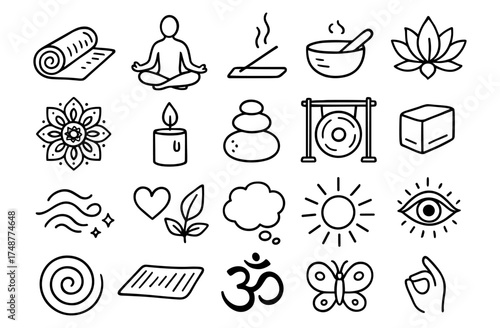 Mindful symbols and icons for meditation and wellness in linear art style
