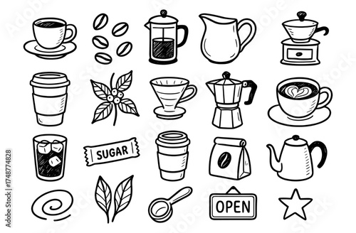 Hand drawn coffee elements collection: beans, pots, cups, and tools