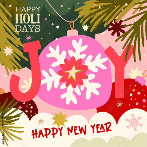 new year joy square greeting card, happy holidays, celebration, creative hand drawn doodle, vector illustration