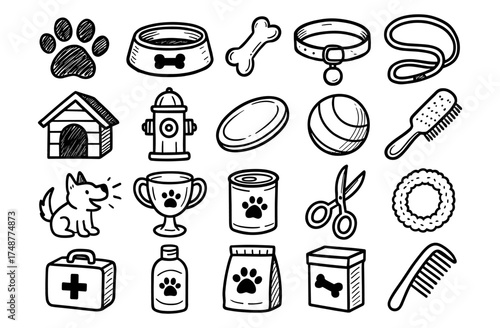 Hand drawn pet supplies and accessories with doodle style elements