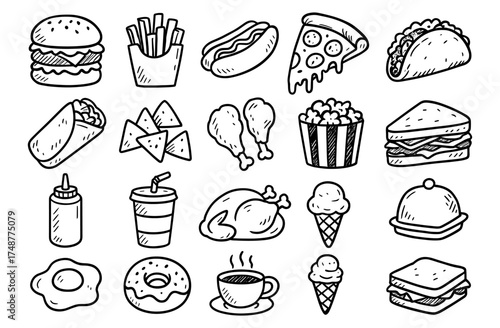 Doodle fast food items collection with burgers, tacos, and fries