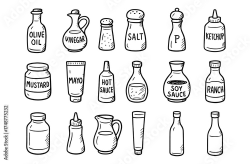 Hand drawn condiment bottles: olive oil, vinegar, ketchup, and more