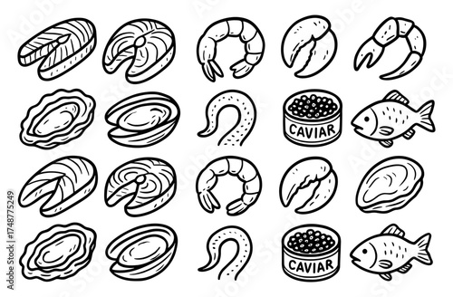 Hand drawn seafood icons featuring fish, shrimp, oysters, caviar, and crab claws