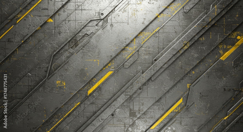 Fototapeta premium A rough metallic and concrete texture background featuring faint blueprint lines and subtle yellow highlights. The design combines industrial and technical elements