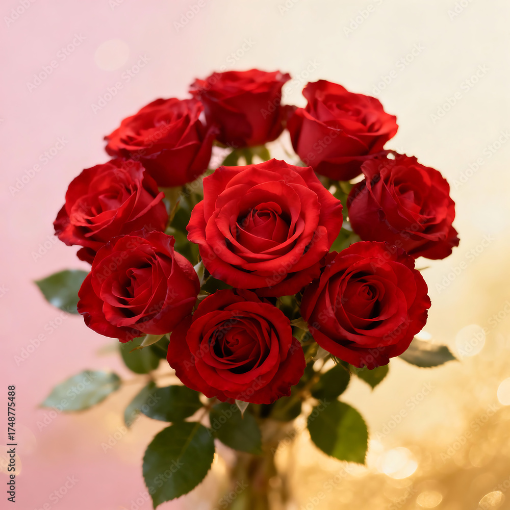 Obraz premium A bouquet of nine vibrant red roses in full bloom, arranged closely together against a blurred, colorful background.