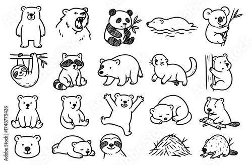 Cute animal doodles: bears, pandas, and forest friends in simple line art