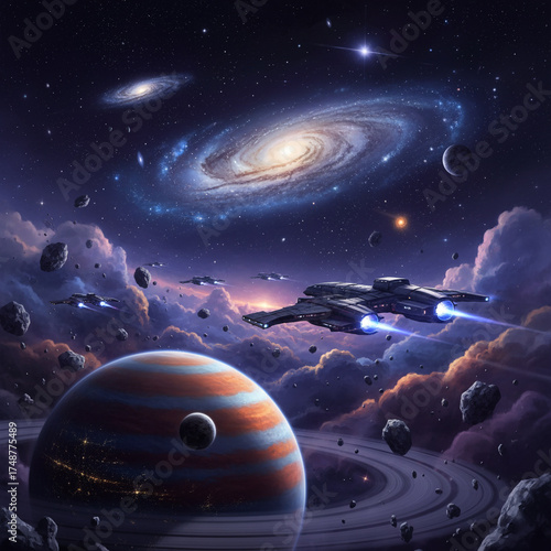 Futuristic Galaxy Fleet Soars Over Ringed Planets Beneath A Massive Spiral Galaxy And Distant Nebula