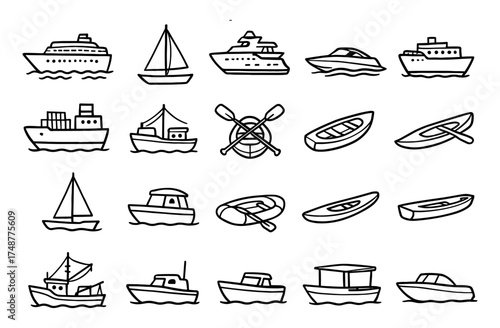 Hand drawn nautical boats and ships collection in simple outline style