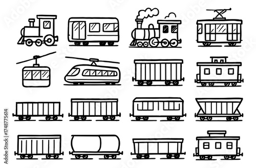 Hand-drawn train icons set featuring vintage and modern railway vehicles