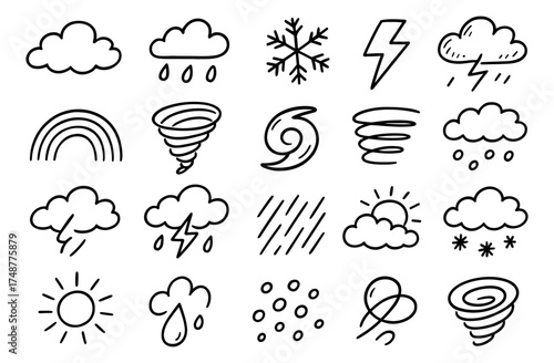 Hand-drawn weather icons: cloud, sun, rain, and storm elements in minimalist style