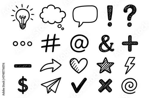Hand drawn doodle icon set including speech bubbles and symbols