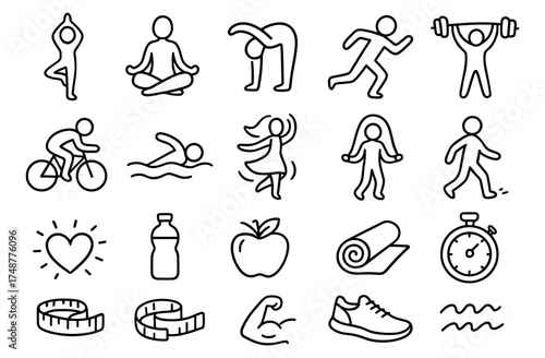 Simple line icons of fitness activities and healthy lifestyle elements