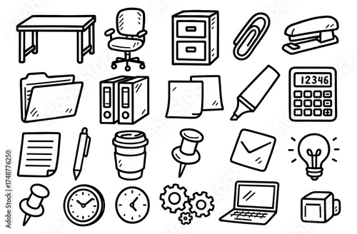 Hand drawn office tools and accessories collection for creative workspaces