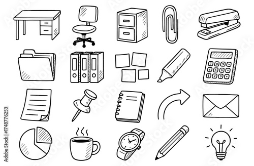 Hand drawn office supplies set featuring desk, chair, and stationery essentials in doodle style