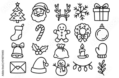 Festive christmas doodle set with icons like santa, gifts, and snowflakes