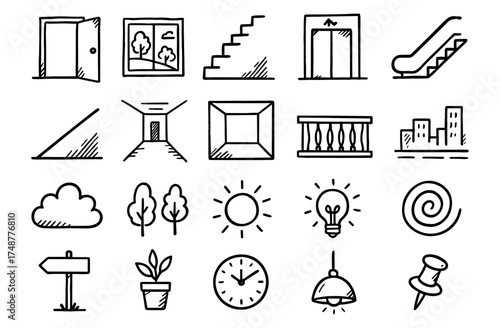 Hand-drawn urban elements collection with buildings, nature, and objects