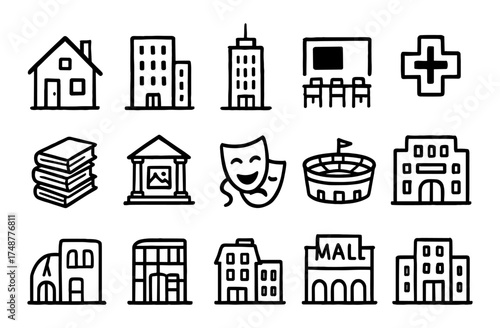 Simple black and white urban building icons set featuring public spaces