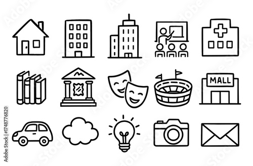 Simple line art symbols for community places and activities