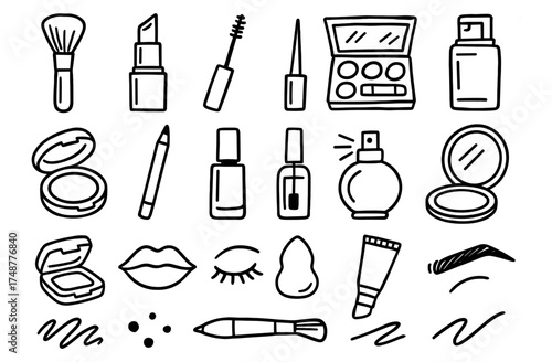 Hand drawn cosmetic set with makeup essentials outline for beauty design