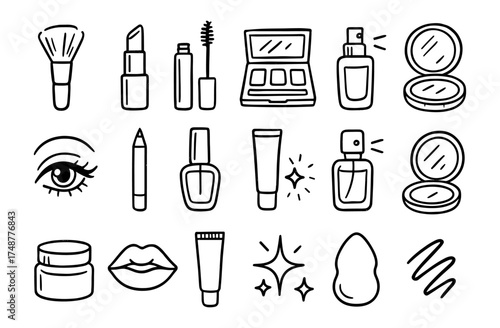 Hand drawn beauty icons: makeup essentials in doodle style