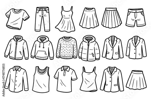 Hand drawn collection of stylish clothing outfits for all seasons
