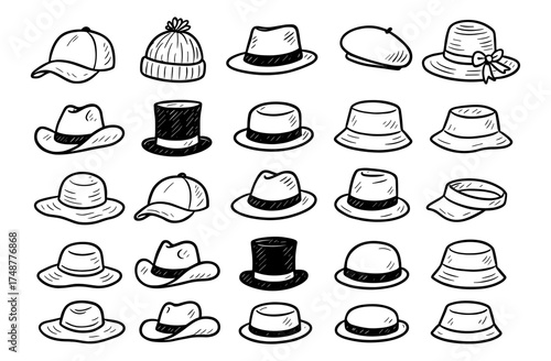 Collection of hand drawn hat sketches featuring caps, beanies, and fedoras