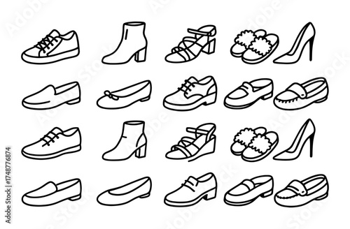 Collection of flat simple shoe icons featuring various styles