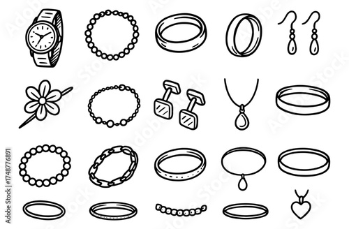 Collection of hand-drawn jewelry and accessories in elegant line art style