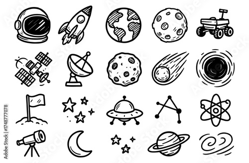 Hand drawn space exploration icons collection featuring astronaut, rocket, and celestial objects