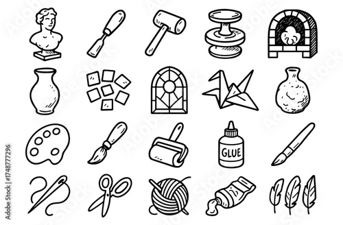 Art and craft tools: hand-drawn icons of supplies and instruments