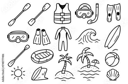 Doodle style summer beach activities and water sports icons collection