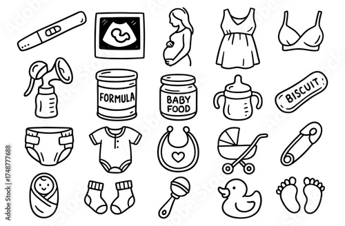 Hand-drawn baby essentials icons: parenthood and infant care collection