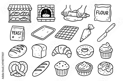 Hand-drawn bakery icons featuring bread, pastries, and baking tools