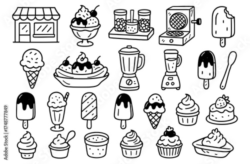 Hand drawn dessert and ice cream doodles featuring cones, sundaes, and shakes