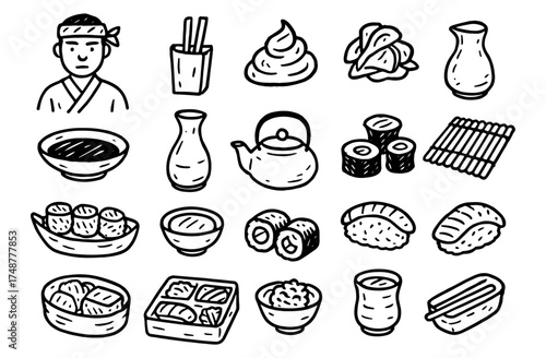 Hand-drawn japanese cuisine icons featuring sushi, ramen, and traditional utensils