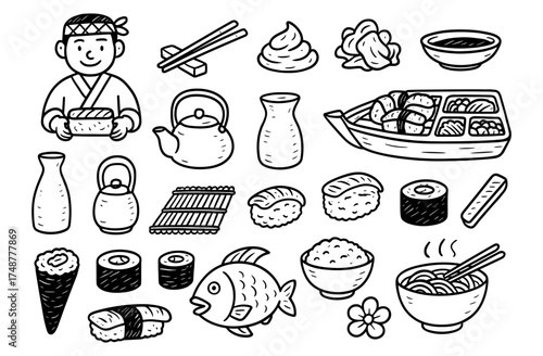 Hand drawn japanese cuisine elements: sushi, ramen, and traditional dishes