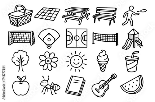 Outdoor picnic and playground doodles: fun activities and leisure concepts