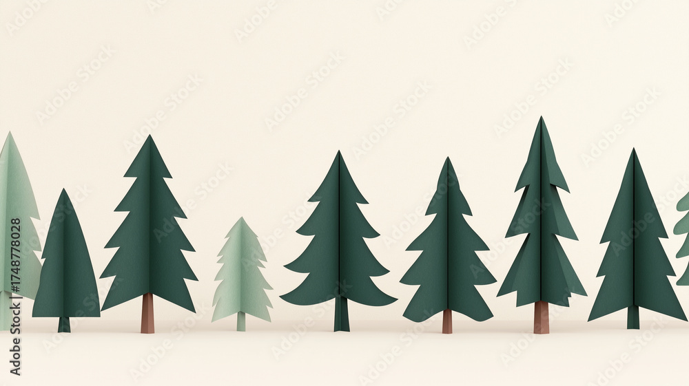 Obraz premium Evergreen fir trees stand in a row in winter forest, light paper cut DIY Christmas background