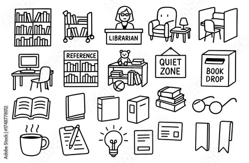 Hand-drawn library icons: books, librarian, study area, and more in simple line art
