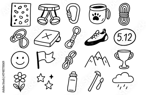 Hand-drawn climbing icons: gear, shoes, rope, adventure in doodle style