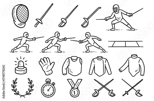 Hand drawn fencing elements with swords, uniforms, and athletes in action