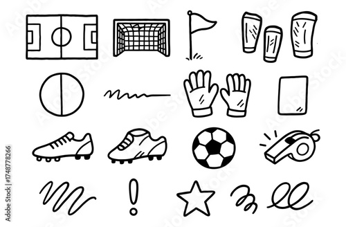 Soccer doodle set with field, ball, gloves, whistle, shoes, and goal in black outline