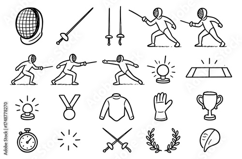 Dynamic fencing icons: line art of fencers, swords, and sports gear