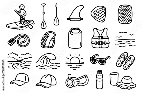 Hand drawn water sports icons with paddleboards, accessories, and nature elements