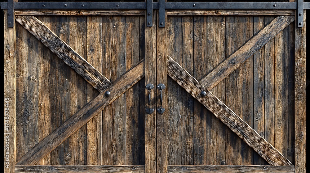 Naklejka premium Rustic Wooden Barn Doors with Metal Hardware with Close Up.