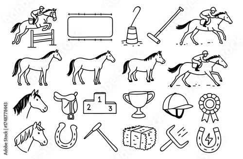 Equestrian sport outline icons: riders, horses, trophies, tack, and obstacles