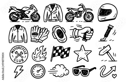 Hand drawn motorcycle icons: gear, helmets, jackets, and racing elements