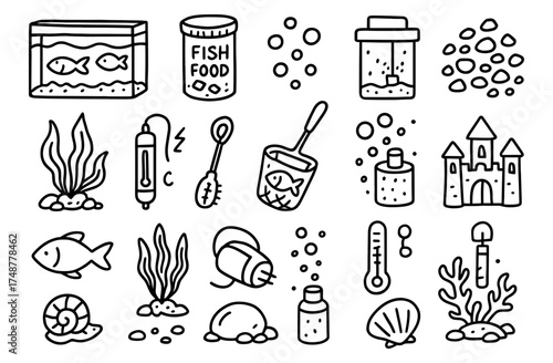 Aquarium set: fish tank icons for underwater themed doodles and decor