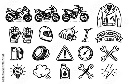 Retro motorcycle doodle elements: gear, tools, club emblems, and icons