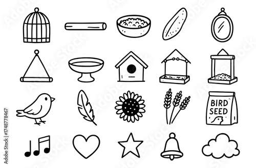 Hand-drawn bird supplies and accessories icons featuring cages, feeders, and birdseed